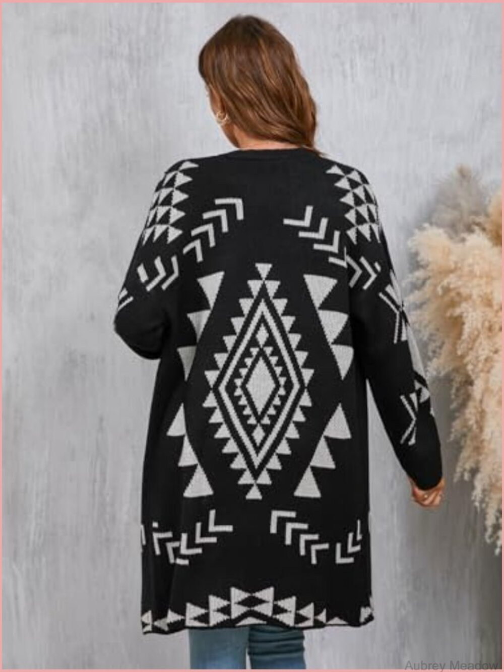 Womens Oversized Long Cardigan Open Front Fall Trendy Geometric Jacquard Knit - Picture 3 of 7
